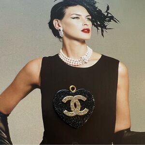 Vintage Chanel Zipper Pull Black Acrylic Gold Flecks Crystal Charm